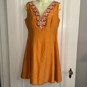 Vintage 60s orange sleeveless  pearl & sequined V neckline short dressy dress‎